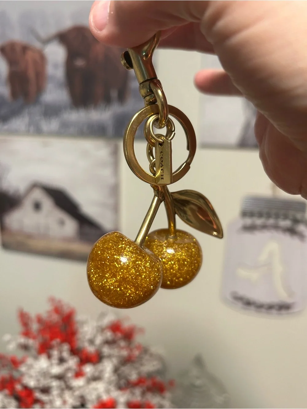 Coach❤️Gold-tone Glitter Golden Cherry Keychain Charm - Picture 4 of 7